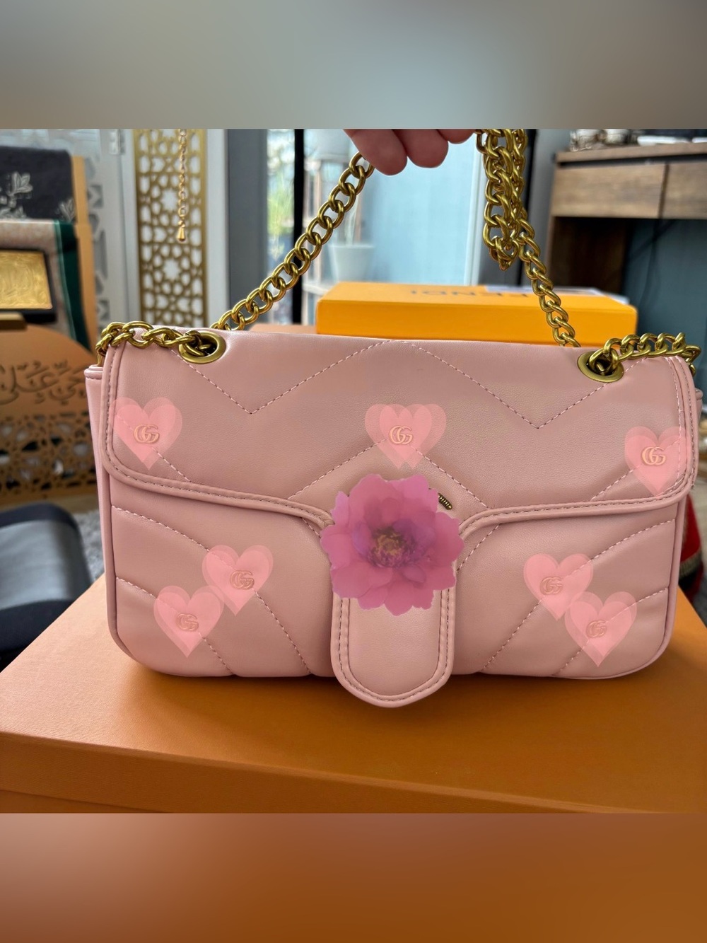 Quilted Leather Shoulder Bag with Gold Chain